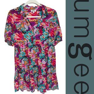 Umgee Boho Floral Puff Sleeve Mini Dress Medium Colorful Tiered